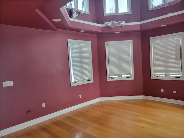 empty room with hardwood / wood-style floors, a towering ceiling, and a raised ceiling