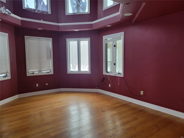 unfurnished room featuring wood-type flooring and a high ceiling