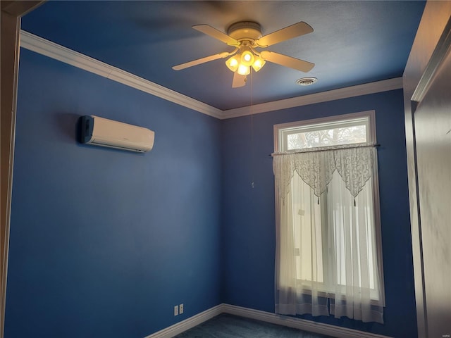 carpeted spare room featuring ceiling fan, crown molding, and a wall mounted air conditioner