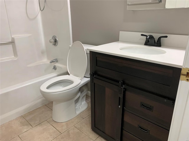 full bathroom with tile patterned flooring, vanity,  shower combination, and toilet