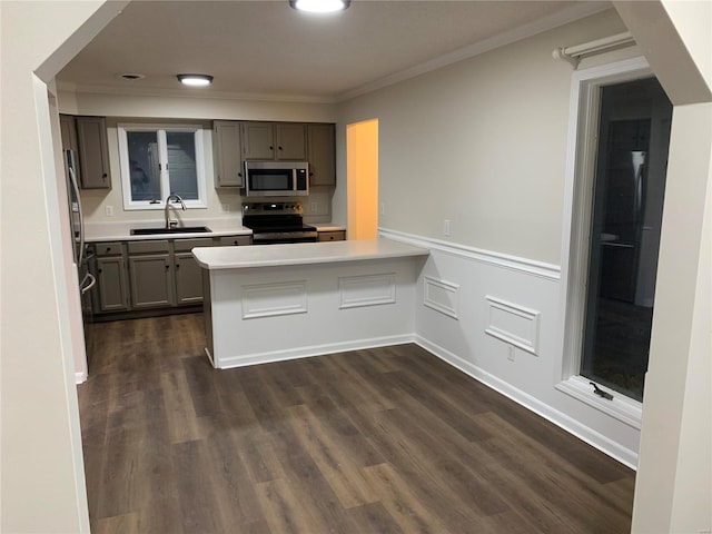 kitchen featuring sink, dark hardwood / wood-style flooring, kitchen peninsula, crown molding, and appliances with stainless steel finishes