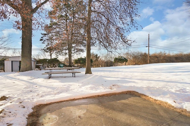 yard covered in snow with an outdoor structure