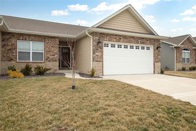 single story home with a front yard, concrete driveway, brick siding, and a garage