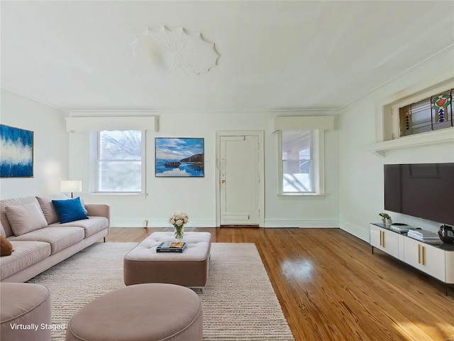 living room featuring wood-type flooring and ornamental molding