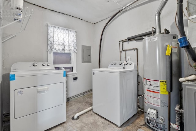 washroom with separate washer and dryer, electric panel, and gas water heater