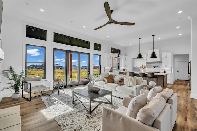 living room with light hardwood / wood-style floors, plenty of natural light, and ceiling fan