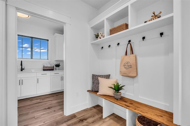 mudroom with light hardwood / wood-style floors and sink