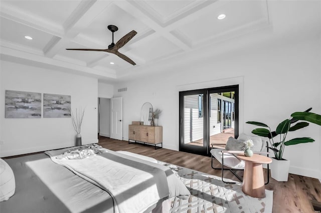 bedroom featuring hardwood / wood-style floors, access to outside, french doors, coffered ceiling, and ceiling fan