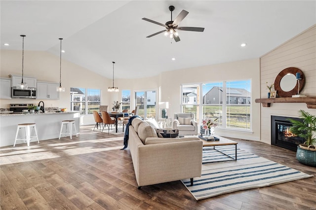 living room with a large fireplace, a healthy amount of sunlight, ceiling fan with notable chandelier, and light wood-type flooring