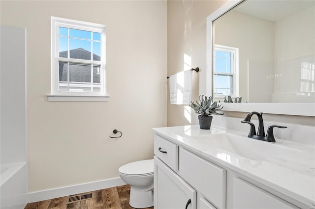 bathroom featuring vanity, wood-type flooring, and toilet