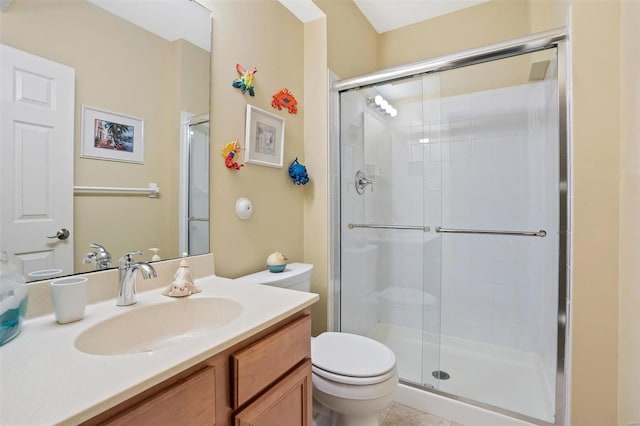 bathroom with vanity, a shower with shower door, and toilet