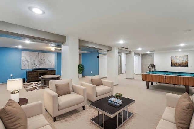 playroom with light carpet and pool table