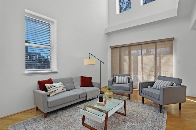 living room with hardwood / wood-style floors and a high ceiling