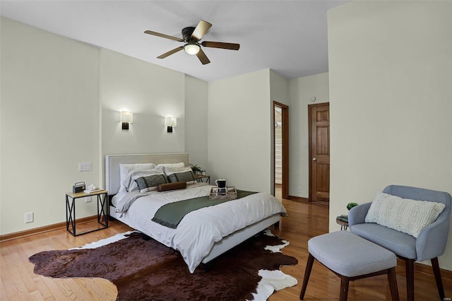 bedroom featuring ceiling fan and light hardwood / wood-style flooring