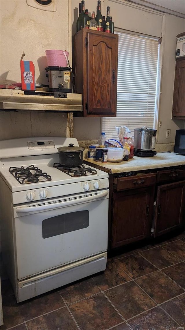 kitchen featuring dark brown cabinets, white gas range, and range hood