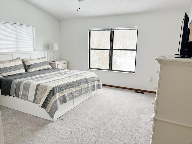 bedroom with lofted ceiling and light carpet