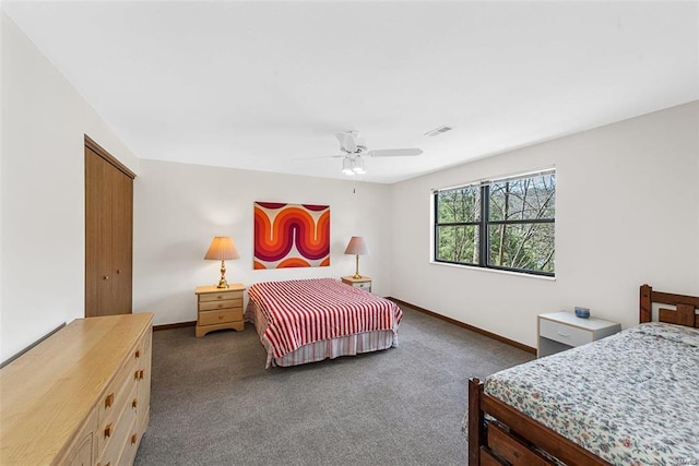 carpeted bedroom with ceiling fan