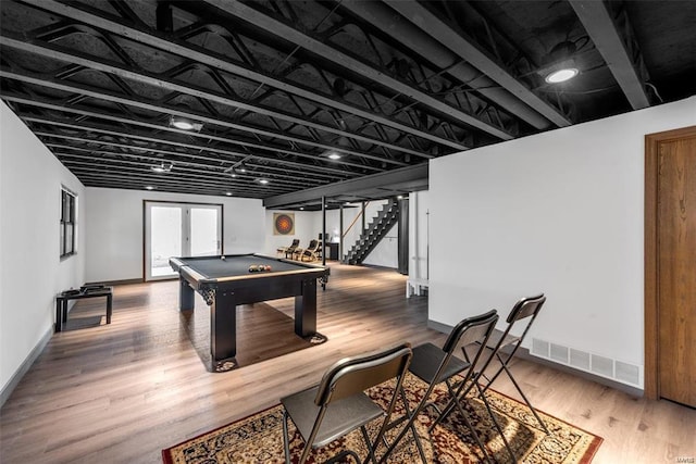 game room featuring wood-type flooring and billiards