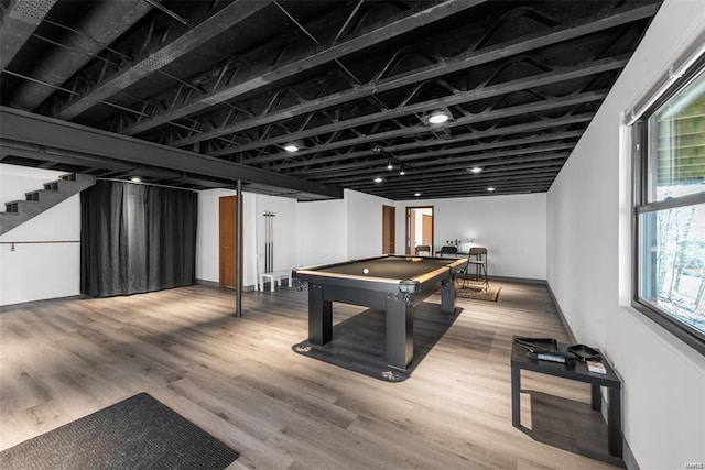 game room featuring billiards and hardwood / wood-style floors