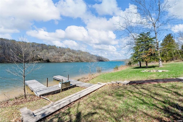 view of dock featuring a yard and a water view