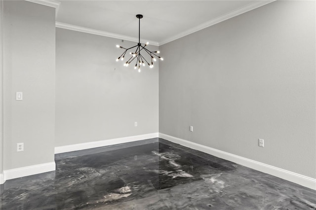 unfurnished dining area featuring ornamental molding and a notable chandelier