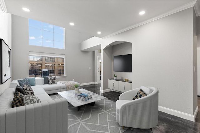 living room with ornamental molding