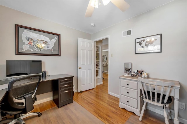 home office with ceiling fan and light hardwood / wood-style floors