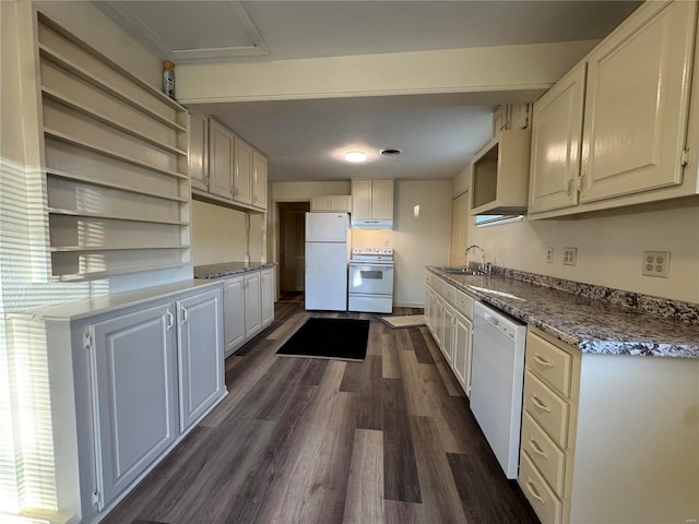 kitchen featuring sink, white appliances, white cabinetry, and dark wood-type flooring