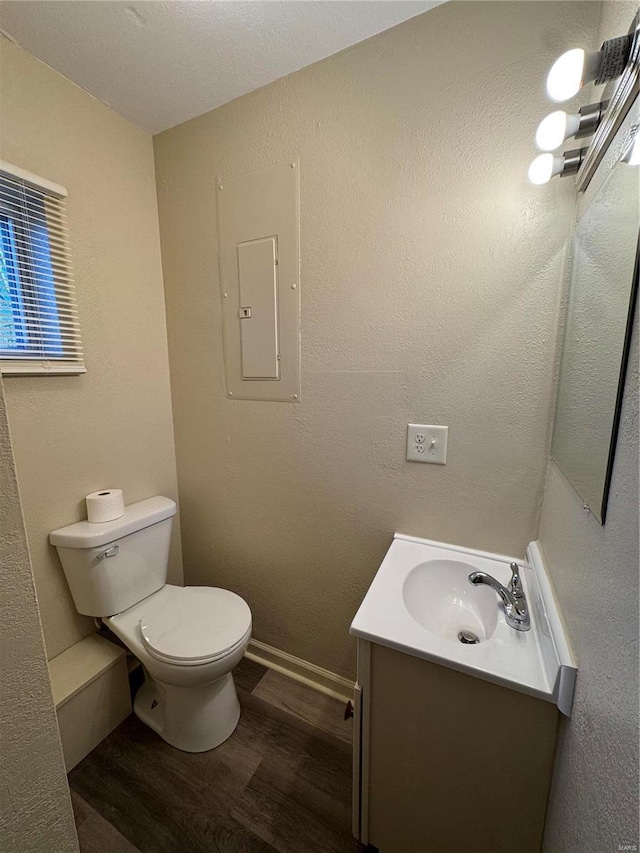 bathroom featuring electric panel, toilet, vanity, and wood-type flooring