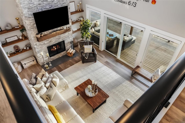 living room featuring a stone fireplace and wood-type flooring