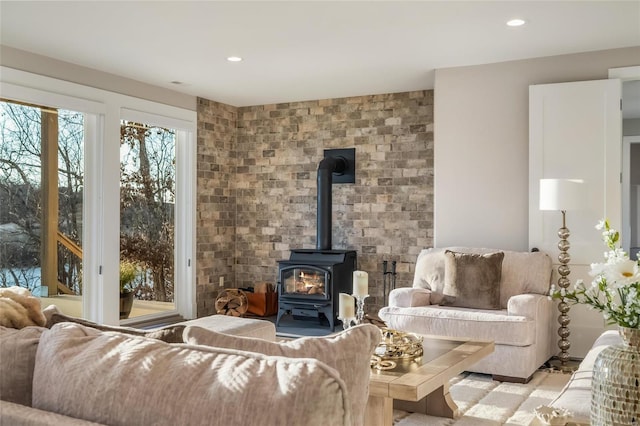 living room featuring a wood stove