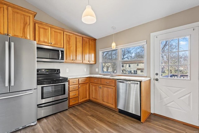 kitchen featuring dark wood-type flooring, hanging light fixtures, vaulted ceiling, and appliances with stainless steel finishes