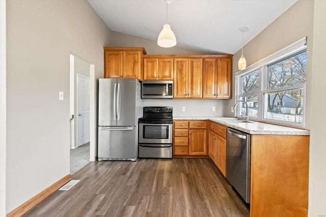 kitchen with sink, hanging light fixtures, dark hardwood / wood-style flooring, lofted ceiling, and appliances with stainless steel finishes