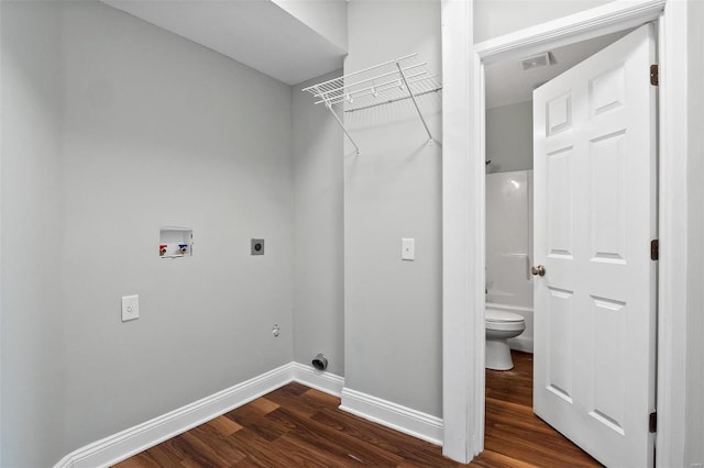 clothes washing area with dark wood-style floors, visible vents, baseboards, electric dryer hookup, and washer hookup