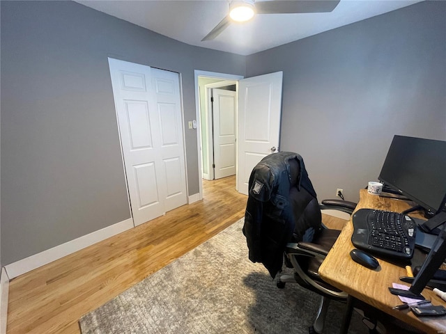 home office featuring ceiling fan and hardwood / wood-style floors