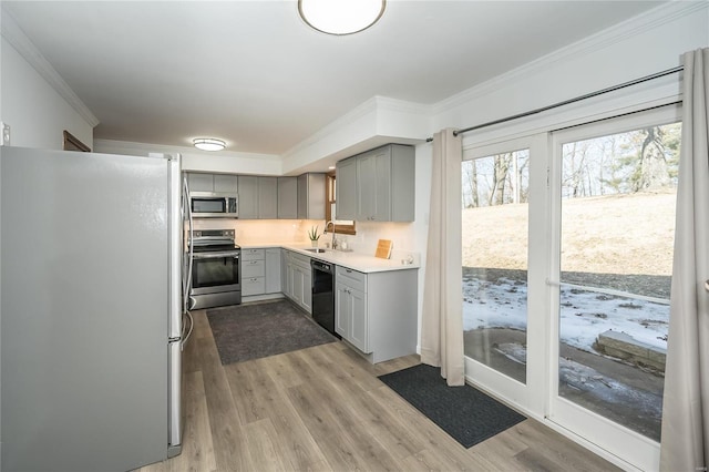 kitchen featuring appliances with stainless steel finishes, sink, gray cabinetry, ornamental molding, and light wood-type flooring