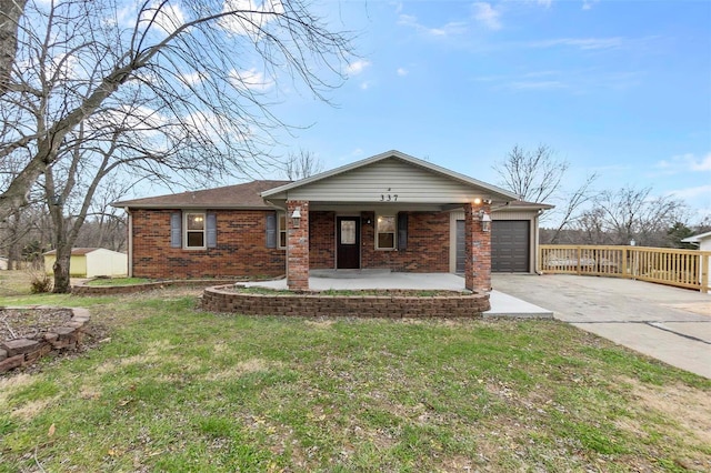 ranch-style home with a front yard and a porch