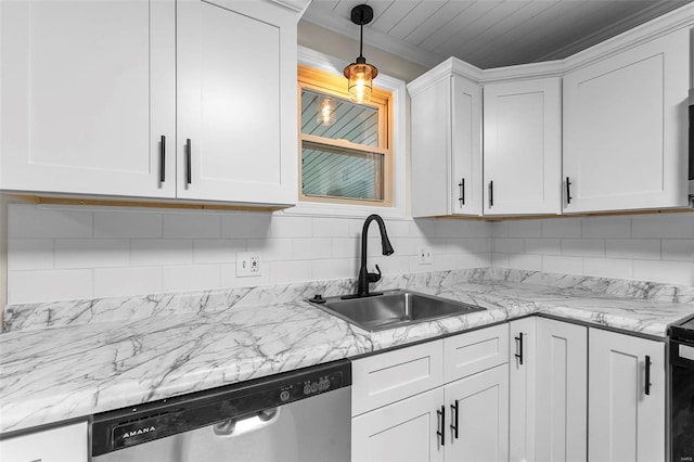 kitchen featuring white cabinetry, sink, stainless steel dishwasher, backsplash, and pendant lighting