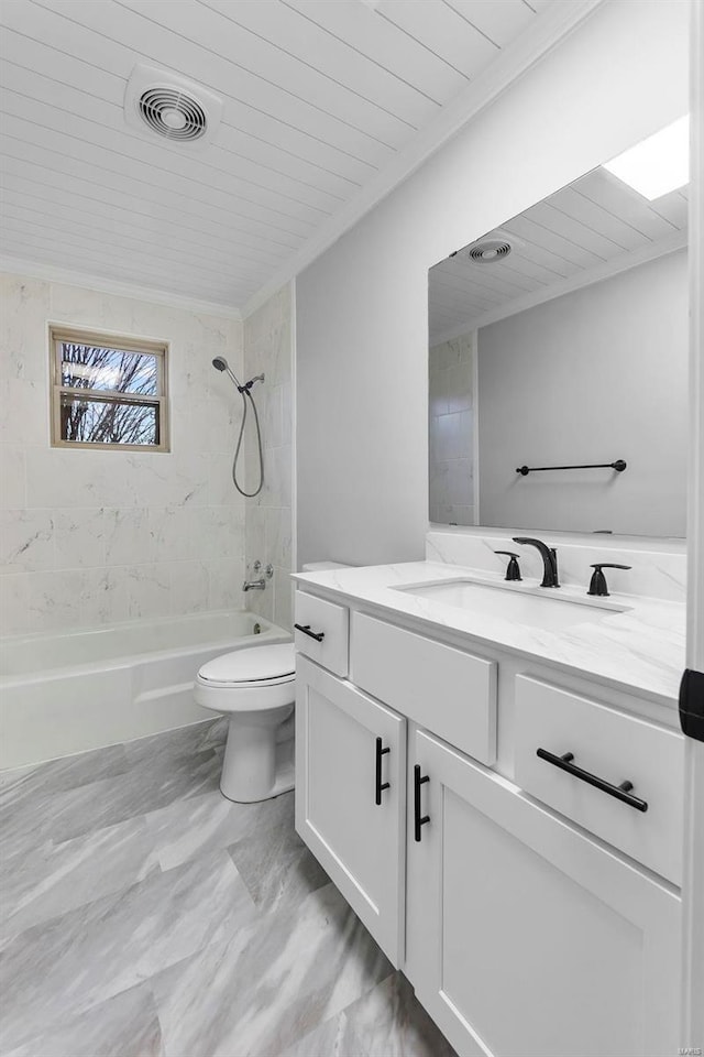 full bathroom with vanity, toilet, wooden ceiling, and tiled shower / bath