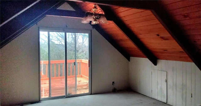 bonus room with lofted ceiling with beams, wooden walls, and wood ceiling