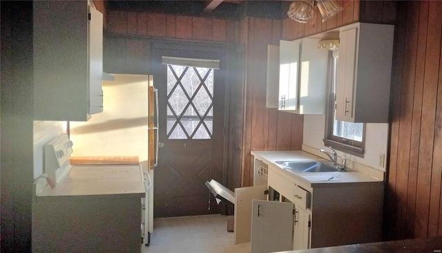 interior space with plenty of natural light, wood walls, and sink