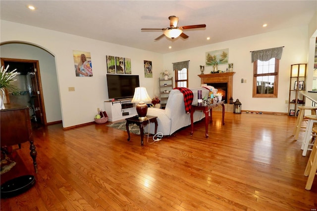 living room featuring ceiling fan and light hardwood / wood-style flooring