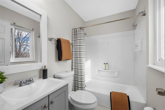 full bathroom with a textured ceiling, toilet, vanity, and shower / bath combination with curtain