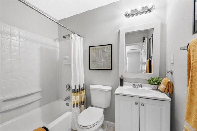 full bathroom with shower / bath combo with shower curtain, toilet, and vanity