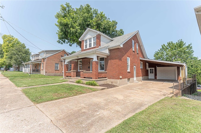 view of front of house featuring a front yard, a porch, and a carport