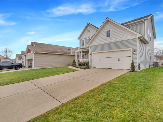 view of front of home with central AC and a front lawn