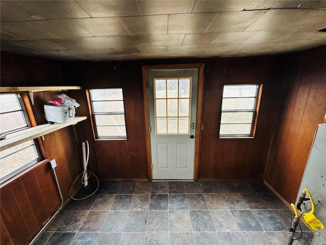 doorway with a wealth of natural light and wooden walls