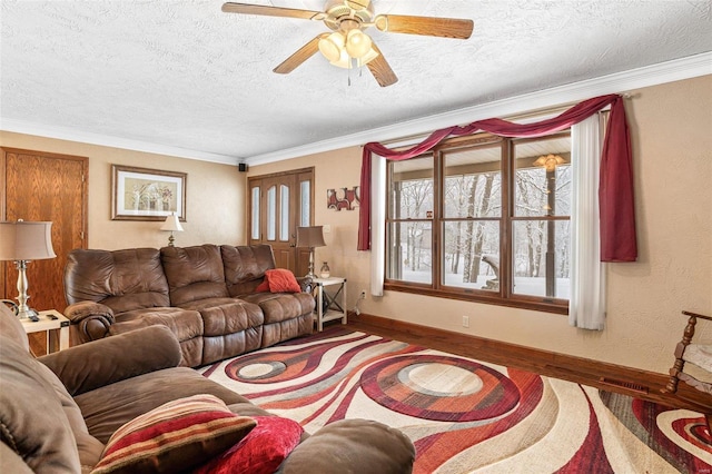 living room featuring ceiling fan, crown molding, wood-type flooring, and a textured ceiling