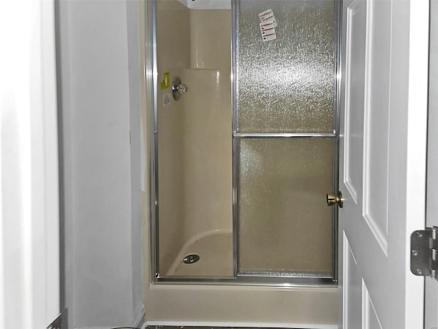 bathroom featuring a shower with door