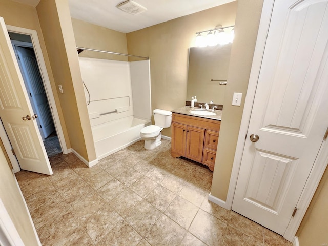 full bathroom with vanity, toilet, and washtub / shower combination